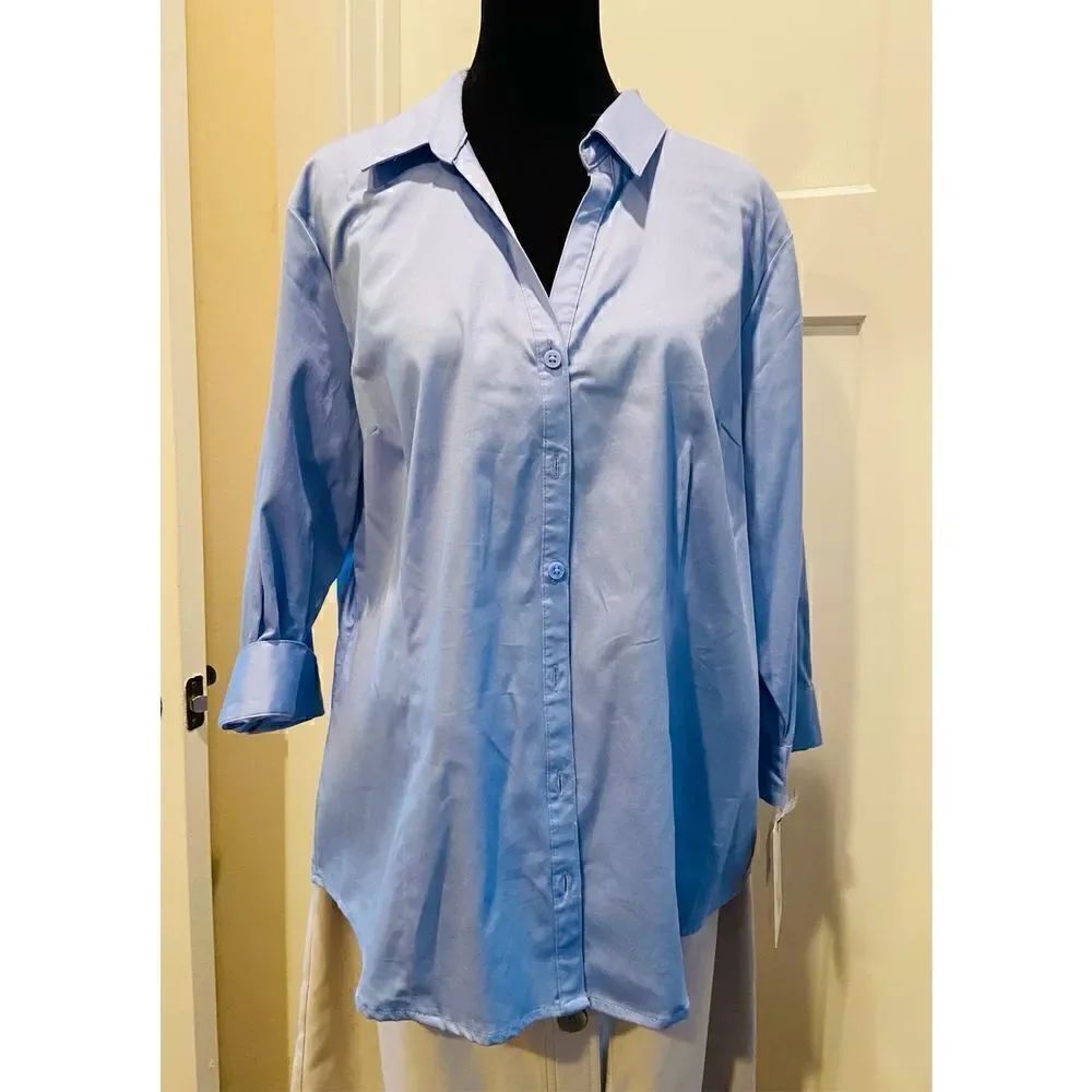 Dana Buchman 3/4 Sleeve V Neck Button Down Stretch Blue Blouse XL New with Tags